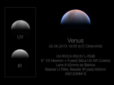 Venus — Wolkenstrukturen auf dem Planeten Venus, abgebildet im UV-Licht, sowie im Infraroten. Aufgenommen am 02.06.2015 von Robert in Obercrinitz. C bnaAutor: RobertLizenz: CC BY-NC-ND 4.0
