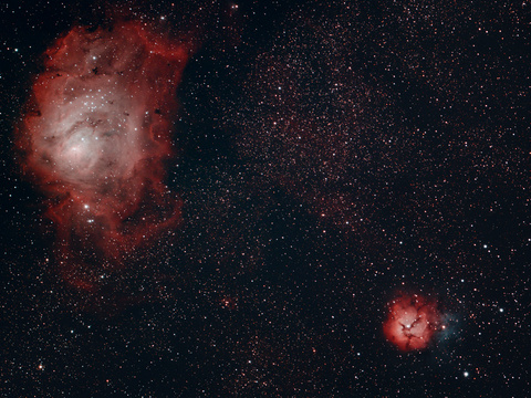 Lagune — Der Lagunen- und der Trifidnebel (M8,M20) aufgenommen von Niels am 13.6.2021. Mit einer ASI 294 McPro am Pentax 75/500 SDHF wurde das Bild bei Gain 400 und -10 Grad Chiptemperatur 200 x 30 Sekunden belichtet.