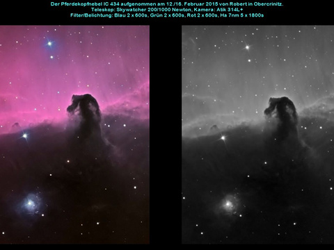 Der Pferdekopfnebel - ein Dunkelnebel (B33) vor einem Emissionsnebel (IC 434) und der Flammennebel (NGC 2024) im Orion