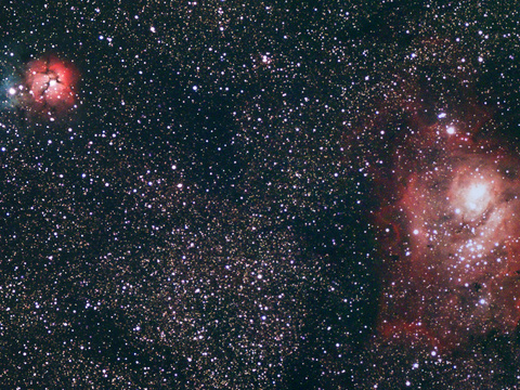 M8-M20 — Noch ein letzter Sommergruß: Der Lagunen- und der Trifidnebel am 1.und 2.9.2022 von Niels. Teleskop: Pentax 75/500 SDHF, Kamera: ASI 294 McPro, Belichtung: 50 x 45 Sekunden bei Gain 400 und -15°C Chiptemperatur + Flat und Dark