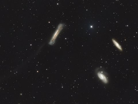 Leo Triplett — Das Leo Triplett (M65, M66 und NGC3628), aufgenommen vom 21.04.25 - 27.04.25 im Sternenpark Westhavelland. Am 6" f/4 Newton wurde mit der ASI2600MCDUO insgesamt 9h 40min belichtet. Bei NGC3628 ist schwach der Gezeitenschweif auszumachen, entstanden wahrscheinlich durch eine längst vergangene Wechselwirkung mit M65 und / oder M66.Autor: RobertLizenz: CC BY-NC-ND 4.0