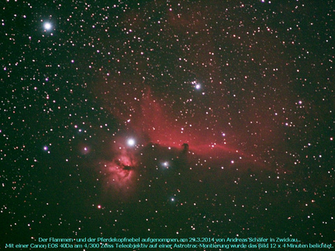 Der Pferdekopfnebel - ein Dunkelnebel (B33) vor einem Emissionsnebel (IC 434) und der Flammennebel (NGC 2024) im Orion