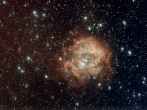 NGC 2237 — Der Rosettennebel, NGC 2237, 6x5 min belichtet, IDAS NB1, Canon EOS 6DII, 80/480 Refraktor, Matthias im Februar 2024, es war leicht dunstig, deshalb haben die Vordergrundsterne einen Halo
