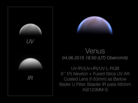 Venus — Wolkenstrukturen auf dem Planeten Venus, abgebildet im UV-Licht, sowie im Infraroten. Aufgenommen am 04.06.2015 von Robert in Obercrinitz. C bnaAutor: RobertLizenz: CC BY-NC-ND 4.0