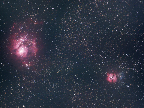 Lagune — Der Lagunen- und der Trifidnebel aufgenommen in der letzten Schönwetterphase Anfang Juni von Niels. Am 7.6.2018 wurde mit der Canon EOS 40Da am 75/500 Pentax das Bild bei 1600 ISO 90 x 40 Sekunden belichtet (StarAdventurer Nachführung)