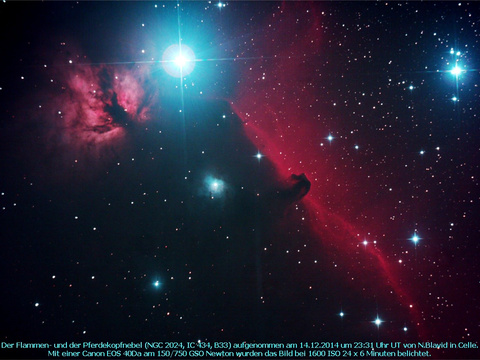 Der Pferdekopfnebel - ein Dunkelnebel (B33) vor einem Emissionsnebel (IC 434) und der Flammennebel (NGC 2024) im Orion