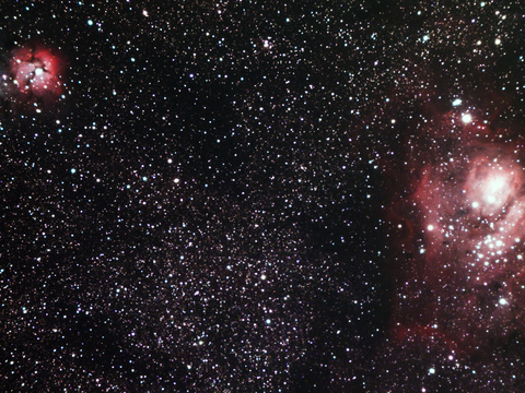 M8 und M20 — Der Lagunen- und der Trifidnebel aufgenommen am 28./29.7.2024 von Niels in Celle. Teleskop: TS Photoline 60 f6 ED, Kamera: ASI294 McPro, -10°C, Gain 300, Belichtung: 90x90 Sekunden (2 Nächte)